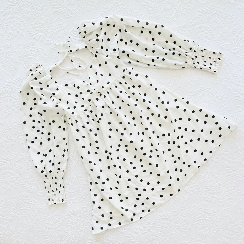 NWOT Lulus Meet Me At Our Spot White Polka Dot Long Sleeve Mini Dress Small - Picture 7 of 13